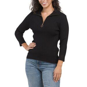 RIO & RIAN Black Mock Neck Three-Quarter Sleeve Half Zip Sweater
